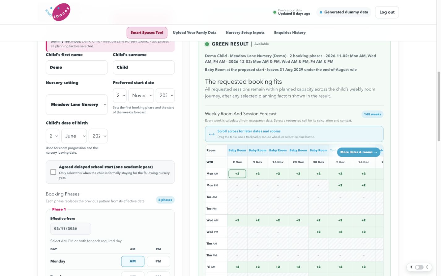 Illustrative Smart Spaces demo showing a booking form beside a coloured weekly room and session forecast