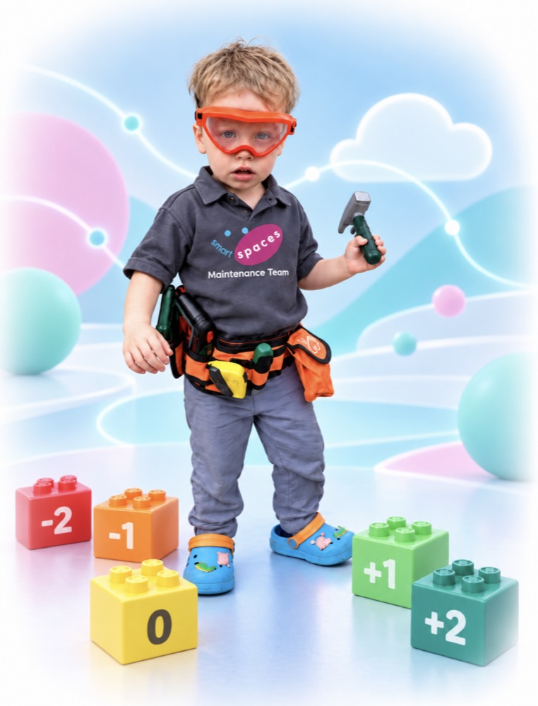 A child with toy tools wearing a Smart Spaces shirt